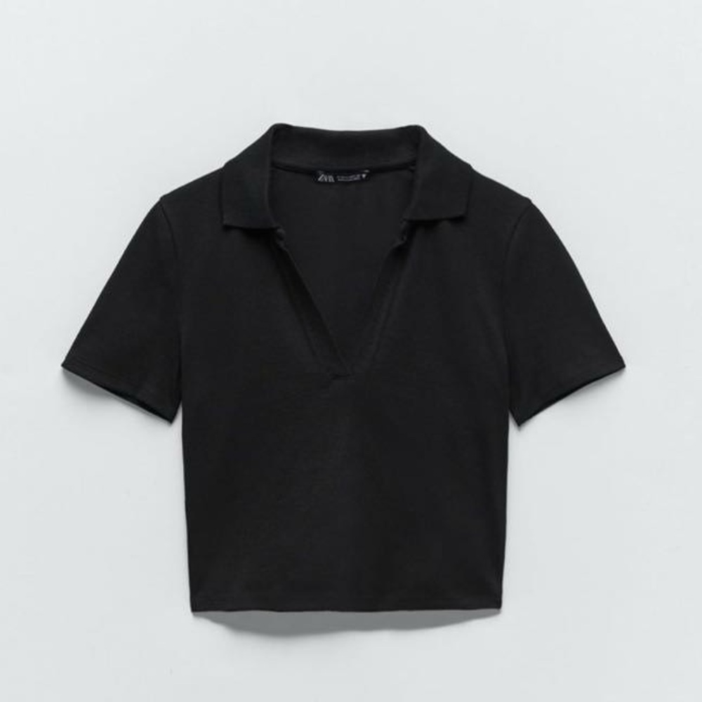 Zara Black Ribbed Polo Crop Top